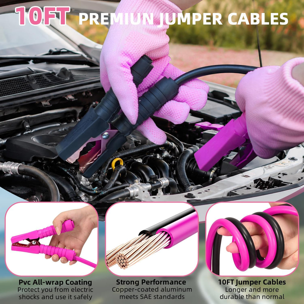 Pink Roadside Car Emergency Kit for Women, Safety Kit with Jumper Cables