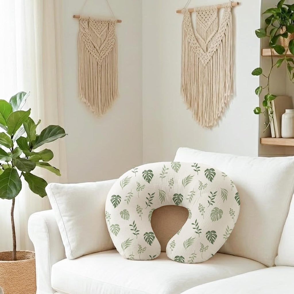 Muslin Nursing Pillow Covers, 2 Pack, Soft & Adorable Slipcovers with Zipper Closure, 100% Cotton Covers for Breastfeeding Pillows (Leaf, Green)