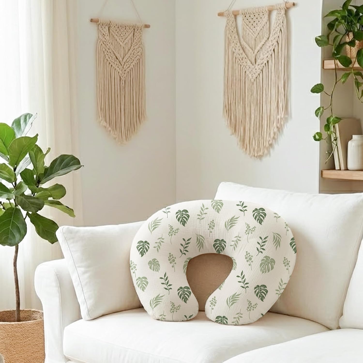 Muslin Nursing Pillow Covers, 2 Pack, Soft & Adorable Slipcovers with Zipper Closure, 100% Cotton Covers for Breastfeeding Pillows (Leaf, Green)