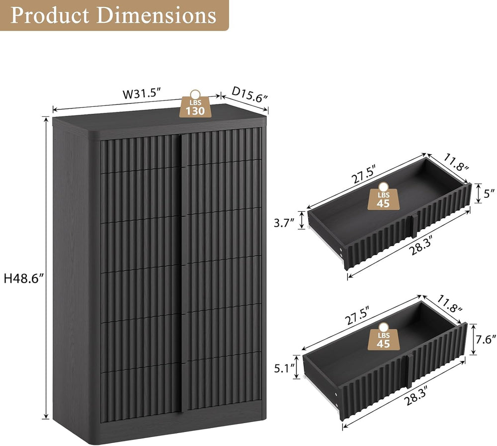 Fluted Dresser for Bedroom, 48" Tall 6 Drawer Dresser, Modern Chest of D...
