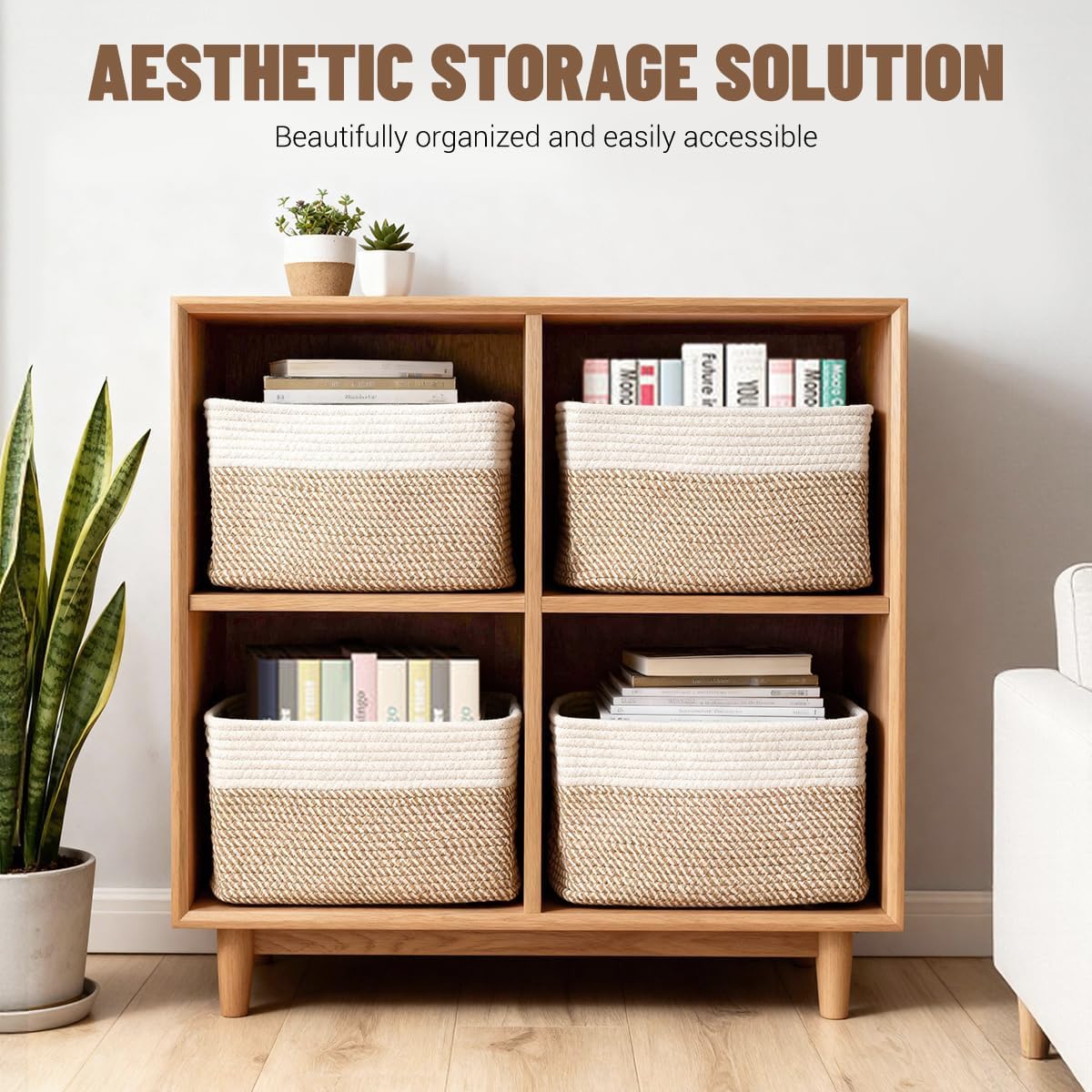 woven storage baskets, decorative storage bins for organizing shown in use