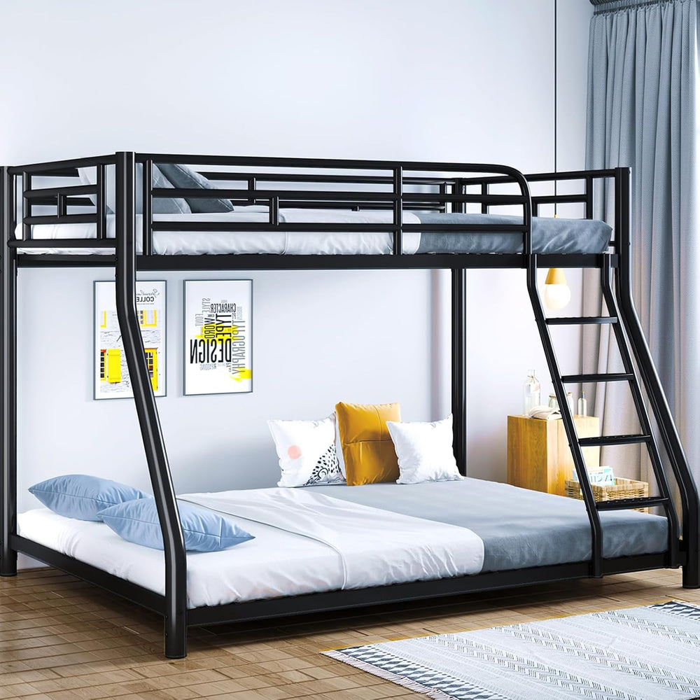 Metal Bunk Bed, Twin Over Full Bunk Bed with Safety Guardrail and Ladder, Hea...