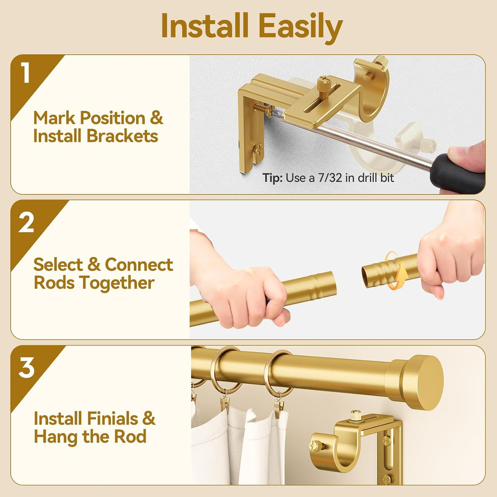 YaFex Curtain Rods 32-114 Inch, Heavy Duty 1 Inch Diameter Gold