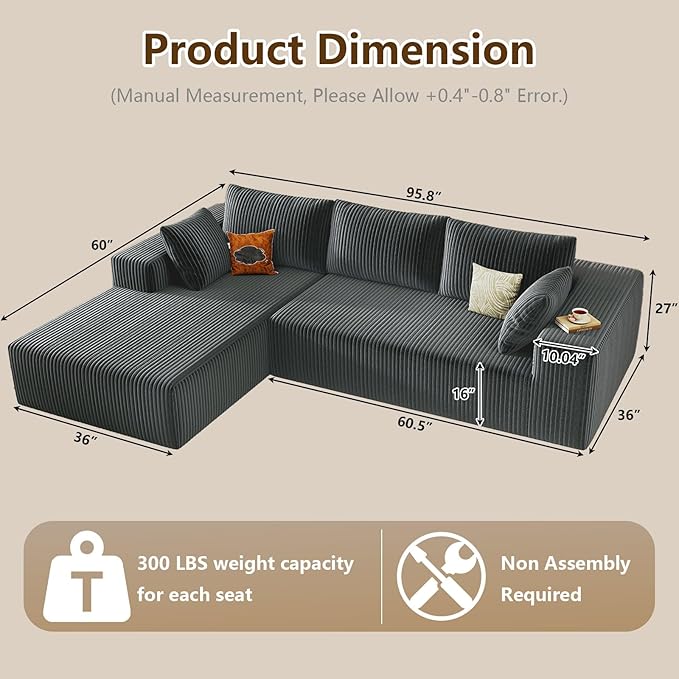96" Modular Sectional Couch, Boneless L Shaped Cloud Sofa with Chaise Lo...