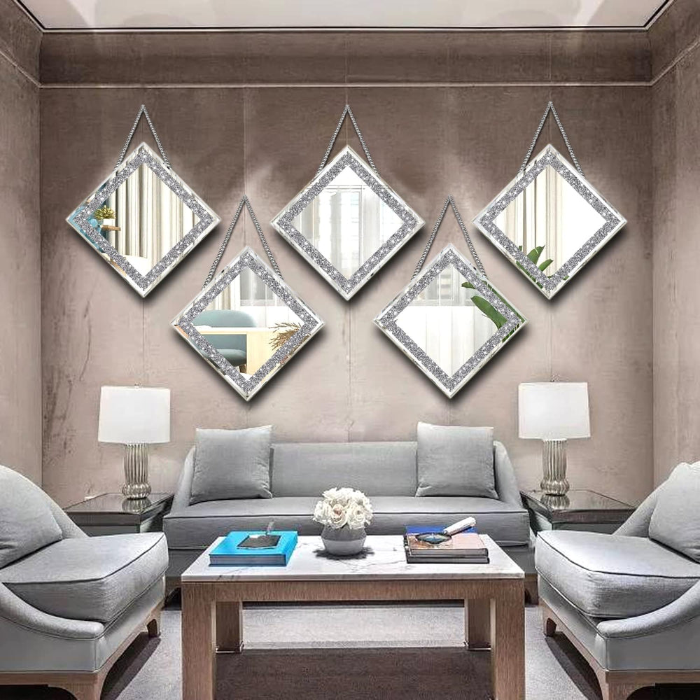 2 Piece Wall Mirrors, Crush Diamond Mirrors Decor, Silver Decorative for Livi...