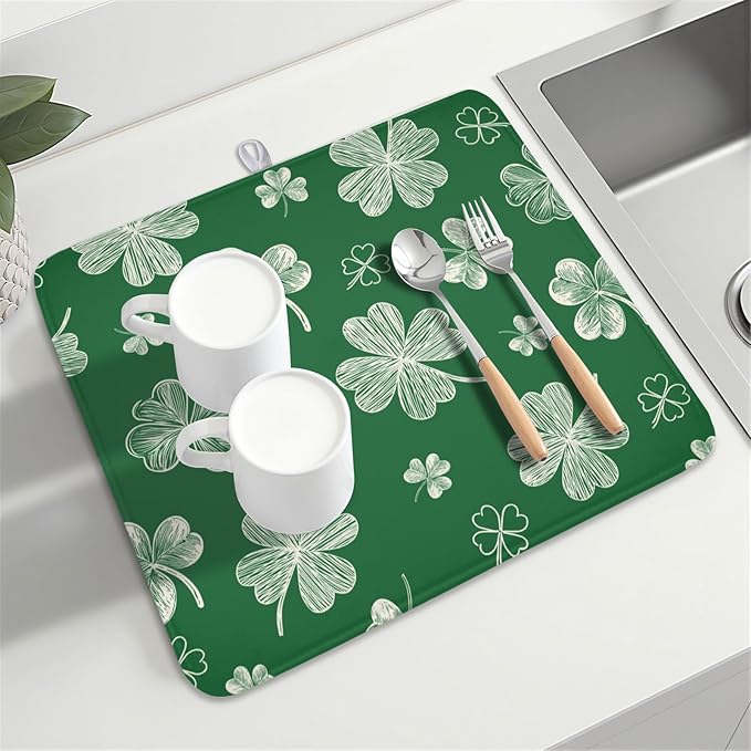 St Patrick's Day Dish Drying Mat 16 x 18 Inch Green Shamrock Dish Drainer Rack - Image 8