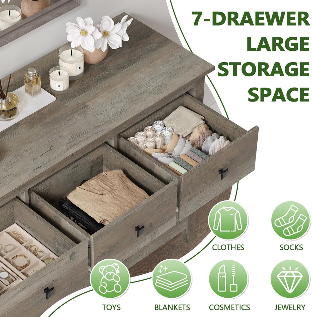 Vikiullf 7 Drawer Dresser - Wooden Bedroom Dressers, Grey Storage Drawers Cab...