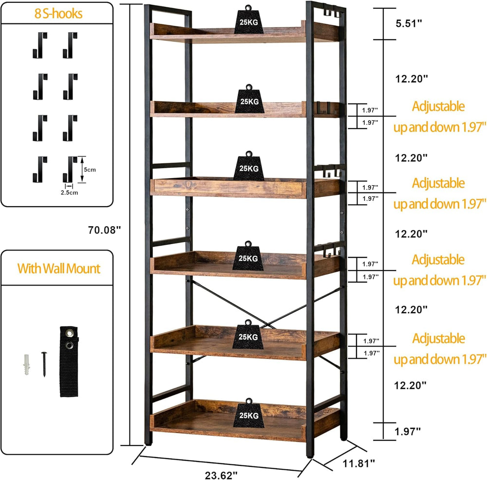 HCHQHS Adjustable 6 Tier Open Bookcase, Rustic Farmhouse Book Shelves, Indust...