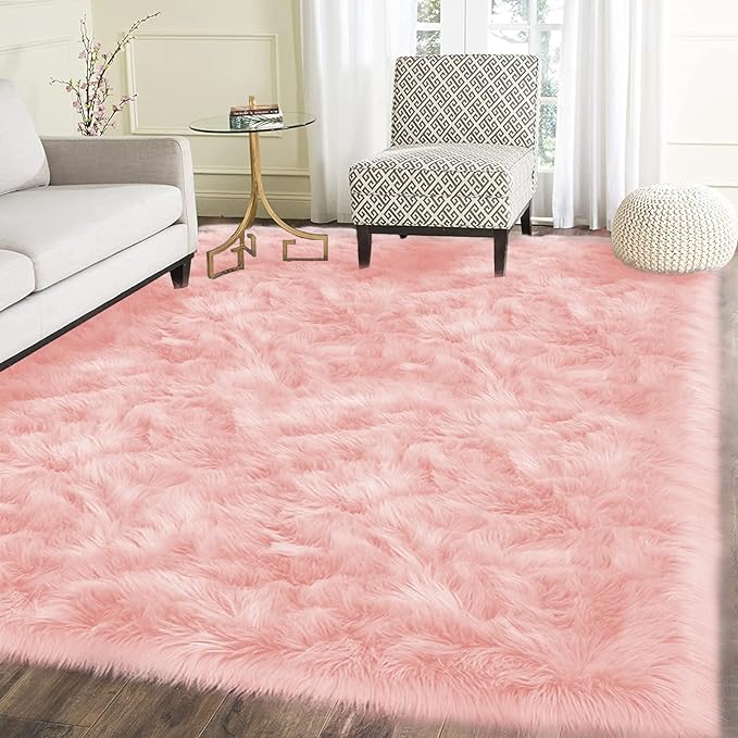 Latepis Pink Rugs for Living Room Shag 6x8 Faux Fur Sheepskin Rug for Sofa by Latepis