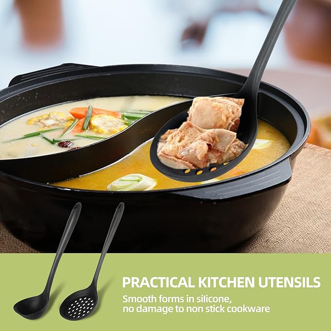 Silicone Soup Ladle Spoon Set of 2, Silicone Nonstick Large Skimmer Slotted - Image 3