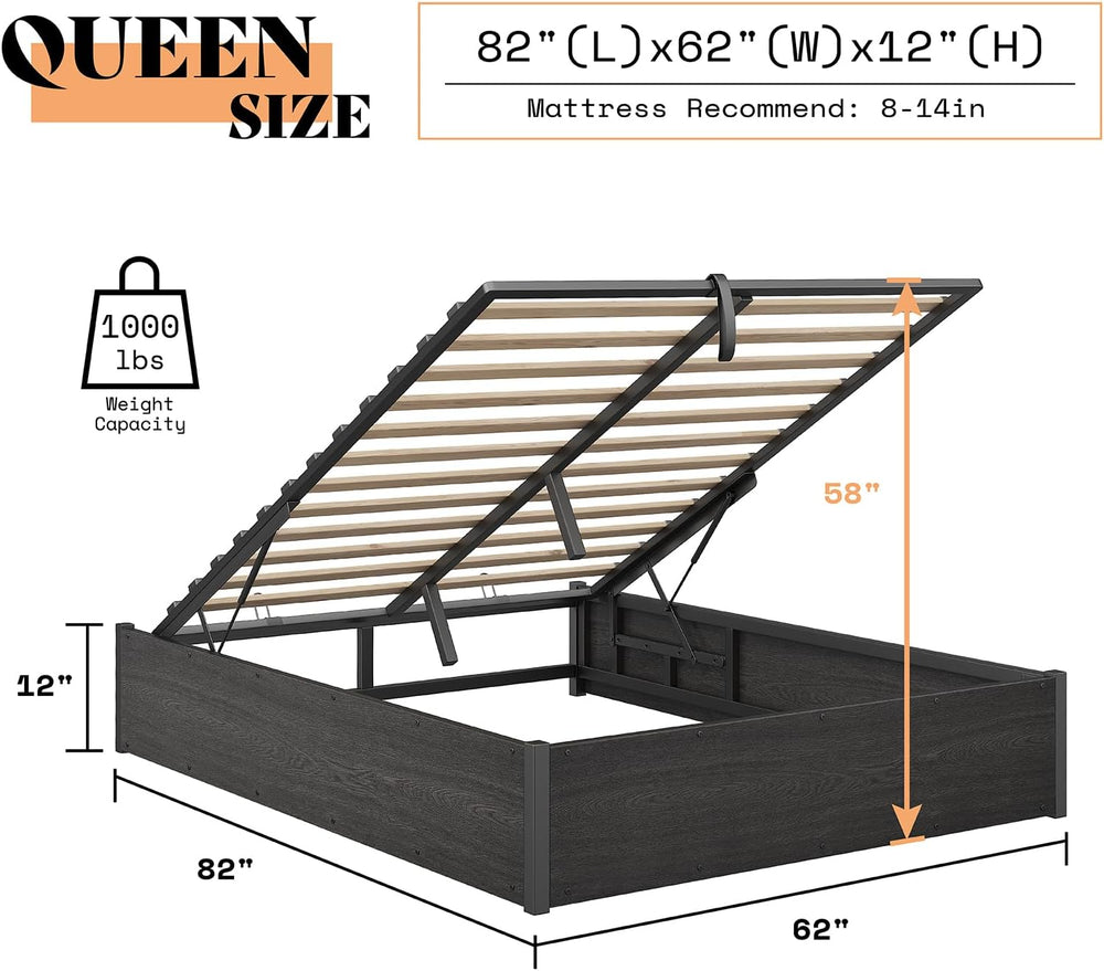 AMERLIFE Queen Lift Up Storage Bed Frame, Dark Oak