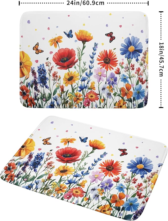 Watercolor Flower Dish Drying Mat 18x24 Inch Floral Butterfly Dish Drainer - Image 2