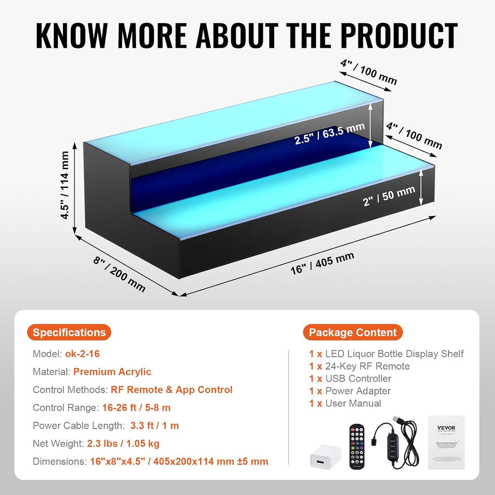 VEVOR LED Lighted Liquor Bottle Display, 2 Tiers 16 Inch Commercial Illuminat...