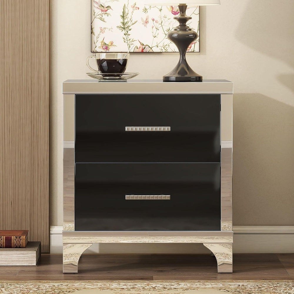 Merax Night Stand with 2 Drawers, Mirrored High Gloss Wood Nightstand Metal H...