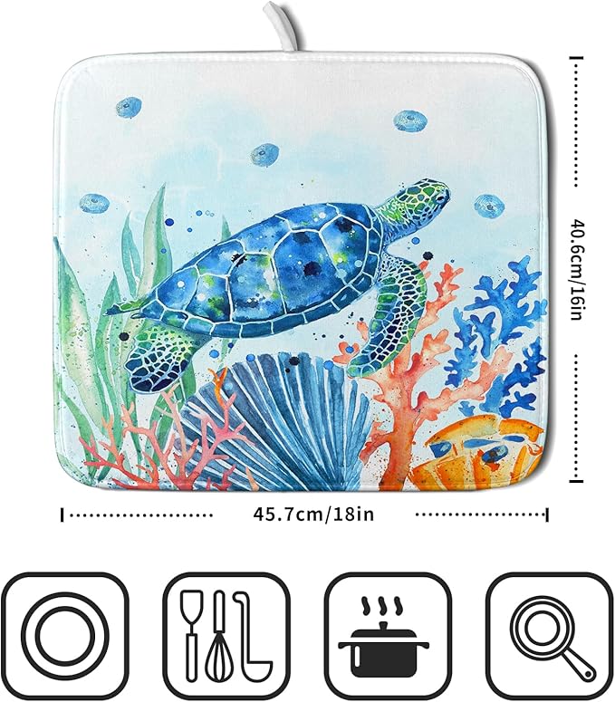 Giwawa Sea Turtle Dish Drying Mat 16x18in Watercolor Blue Tortoise Dish Drainer - Image 2