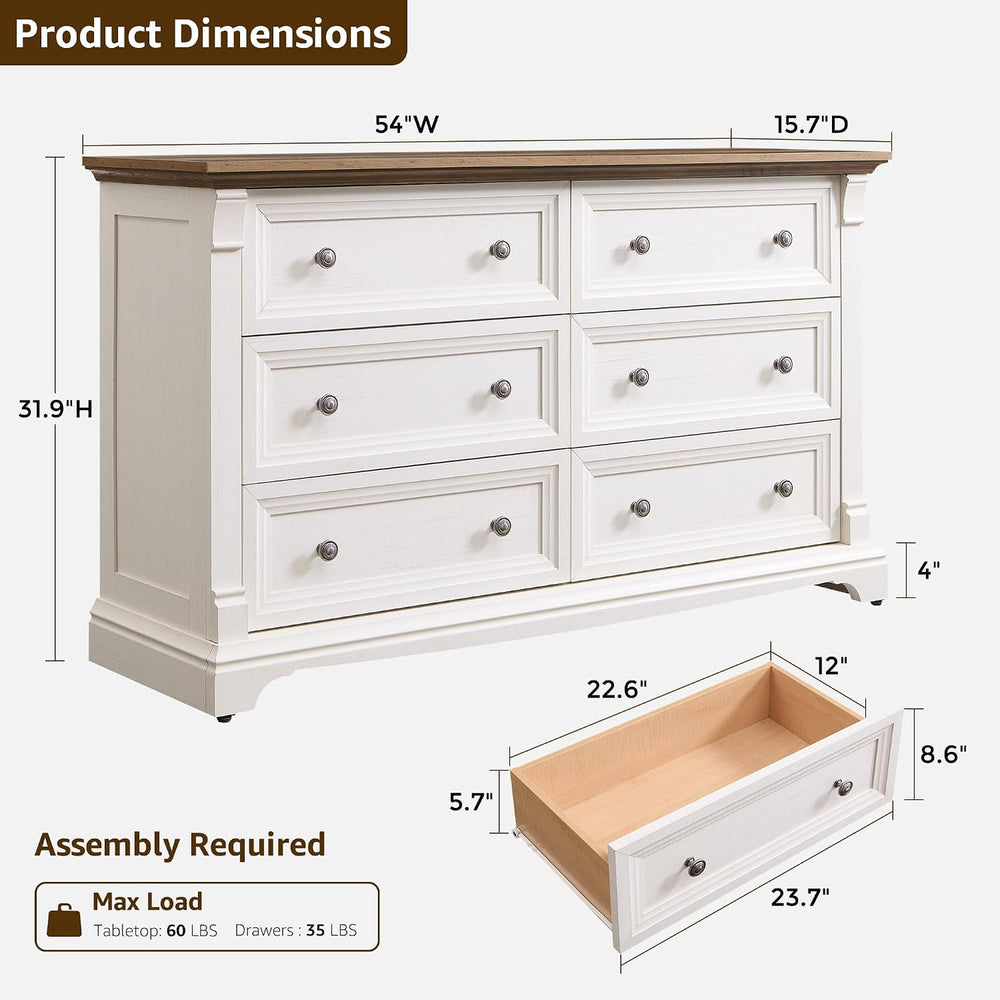 T4TREAM Farmhouse 6 Drawers Dresser for Bedroom, 54" Wide Wooden Chests