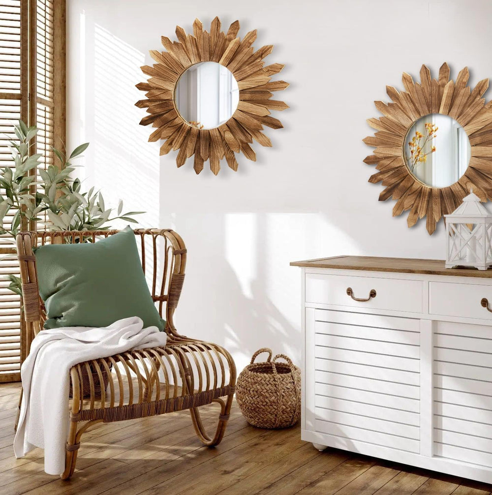 LOSOUR 2 Pack 22 Inch Boho Wall Sunburst Mirror Rustic Round Wood Decorative ...