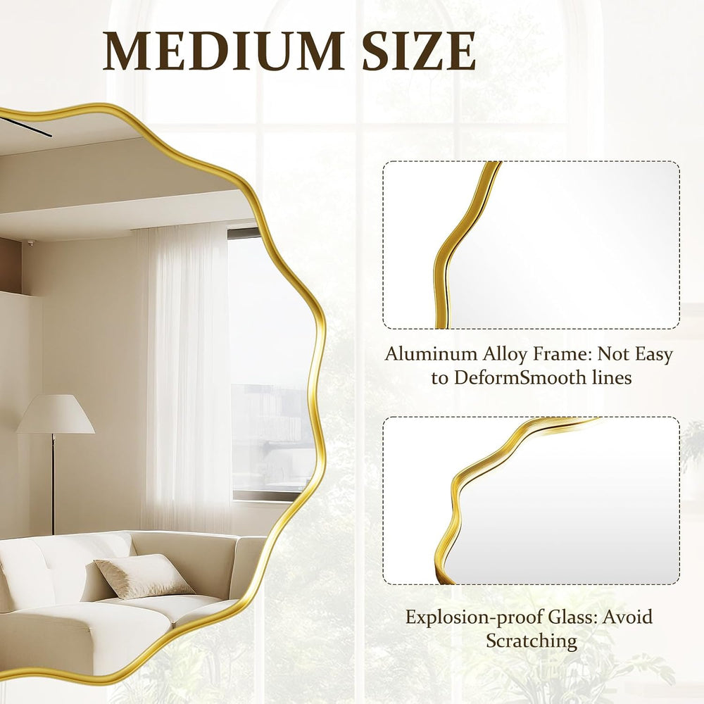 Gold Scalloped Circle Mirror, 24" Wavy Edge Round Wall Mirror