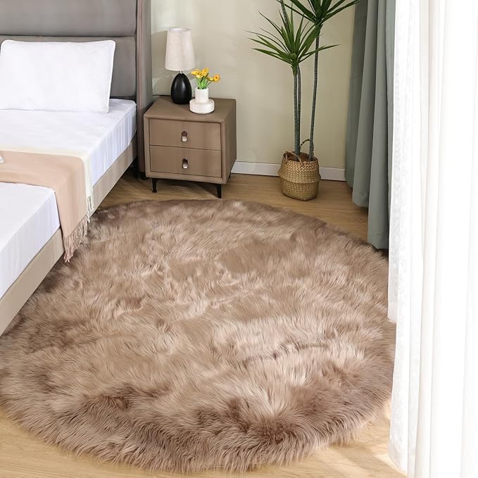 Latepis Large Round Rugs 6ft Light Brown Beige Circle Faux Sheepskin Rug Fluffy - Image 2
