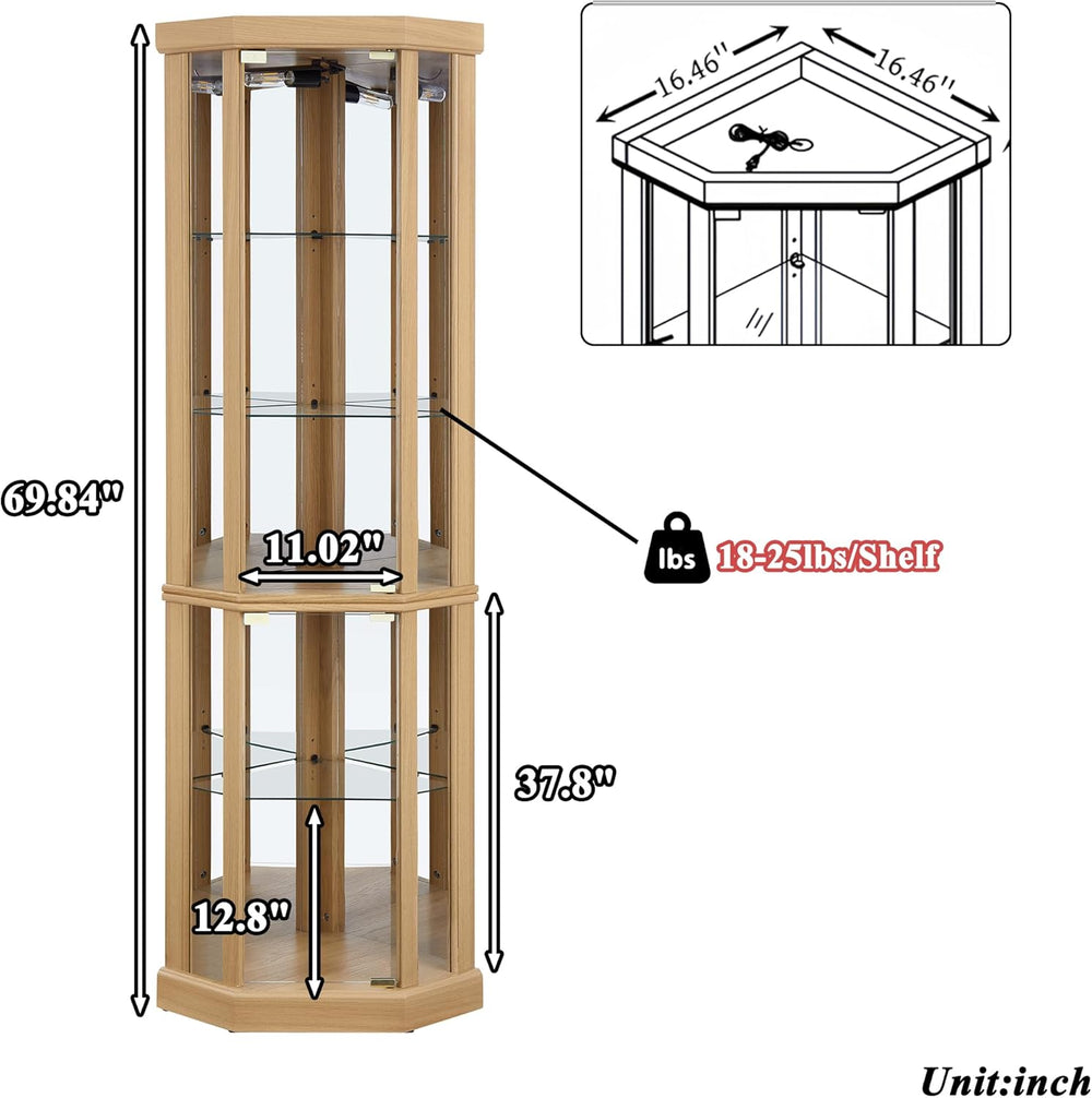 69" H Lighted Corner Display Cabinet, Curio Corner Glass Cabinet w/Adjus...
