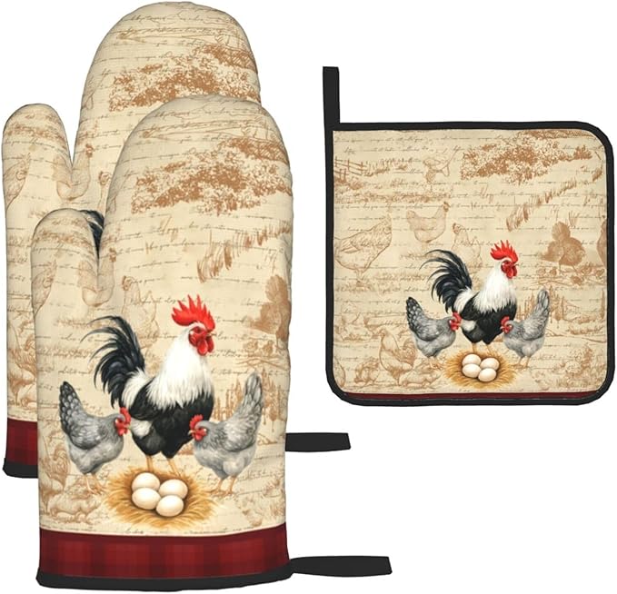 Rooster Chichen Oven Mitts and Pot Holders Sets, Cute Hot Pads Baking Gloves by Unknown