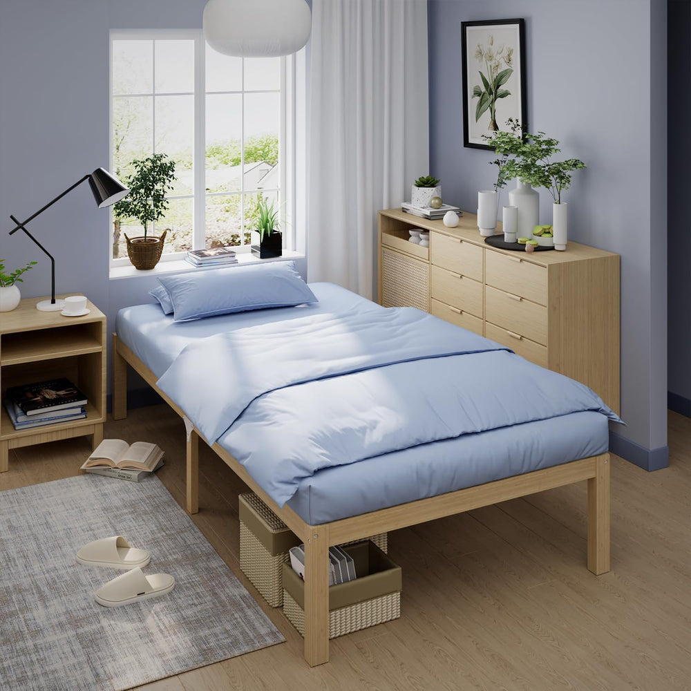 Bamboo Bed Frame Classic 12-Inch Solid Platform Bed with Wooden Slats (Nature...