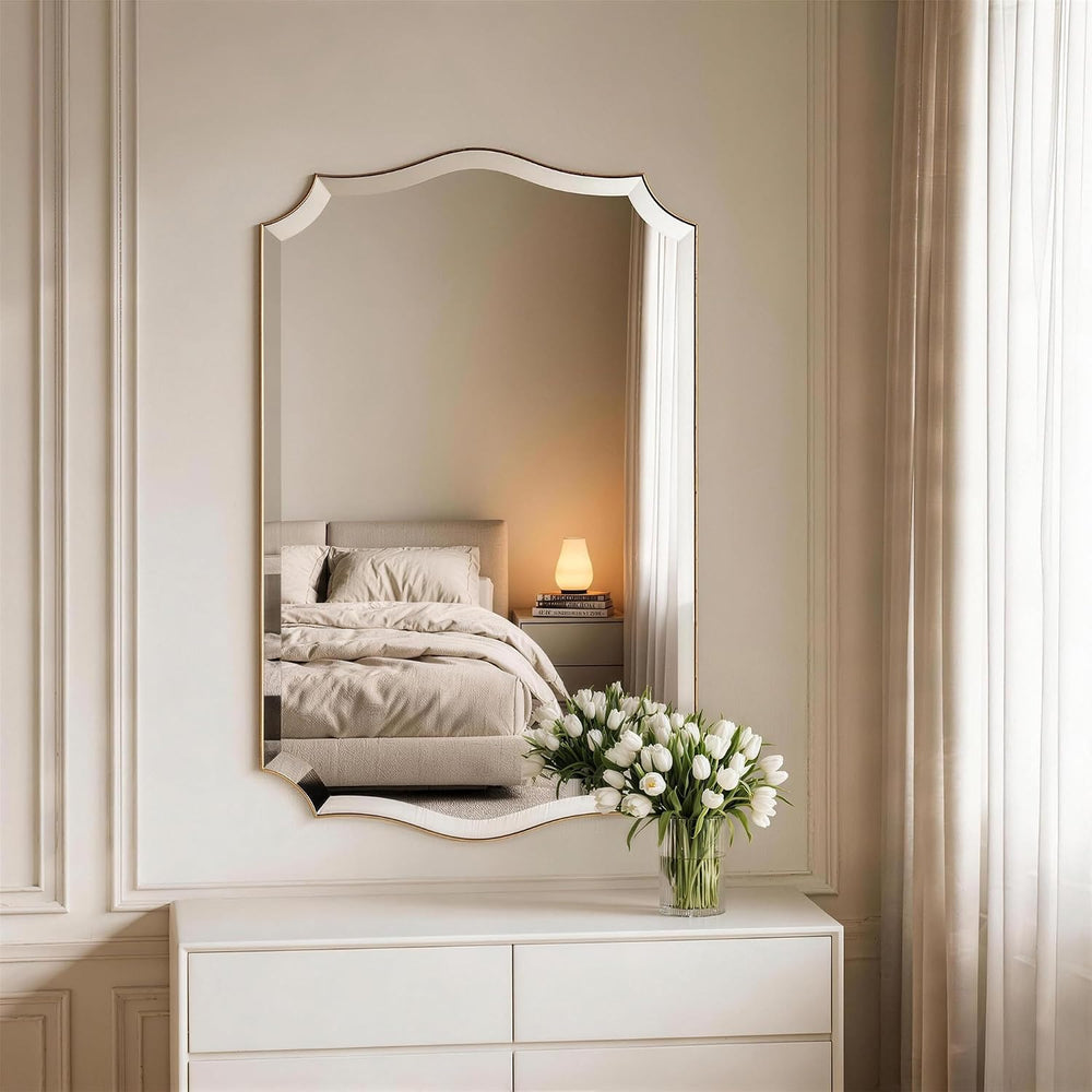 POZINO Scalloped Beveled Mirror 36"x24" Brushed Gold Bathroom Mirror