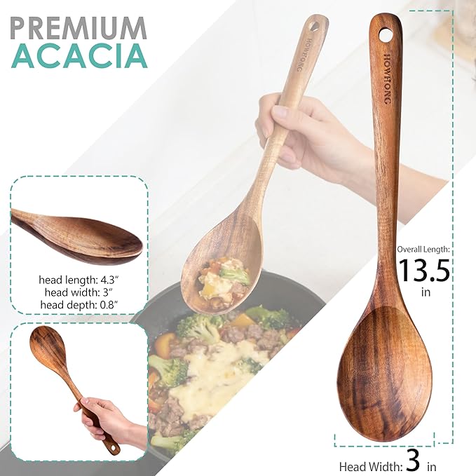 HOWHONG Wooden Cooking Spoon, Long Handle Acacia Wood Spoon - Image 2