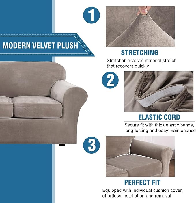 H.VERSAILTEX Real Velvet Plush 3 Piece Stretch Sofa Covers Couch Covers - Image 3