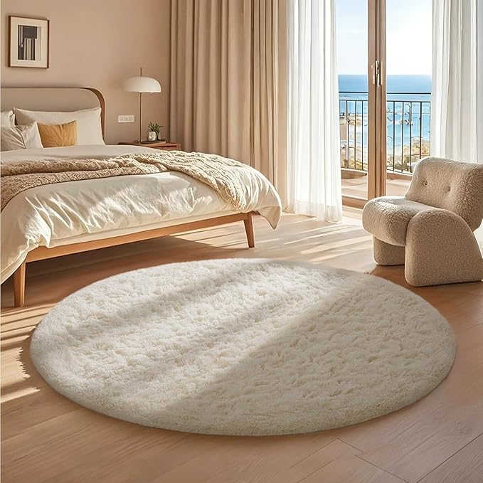 Ophanie Round Rug 4Ft Ivory Circle Area Rugs, Fluffy Fuzzy Small Bedroom Carpet - Image 5