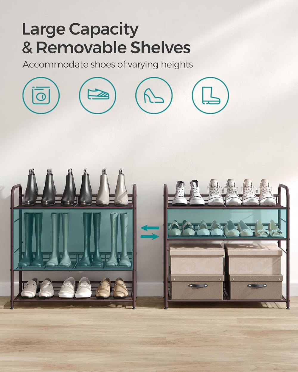 SONGMICS Stackable Shoe Rack, 4 Tier Metal Shoes Rack Storage Shelf, Holds up...