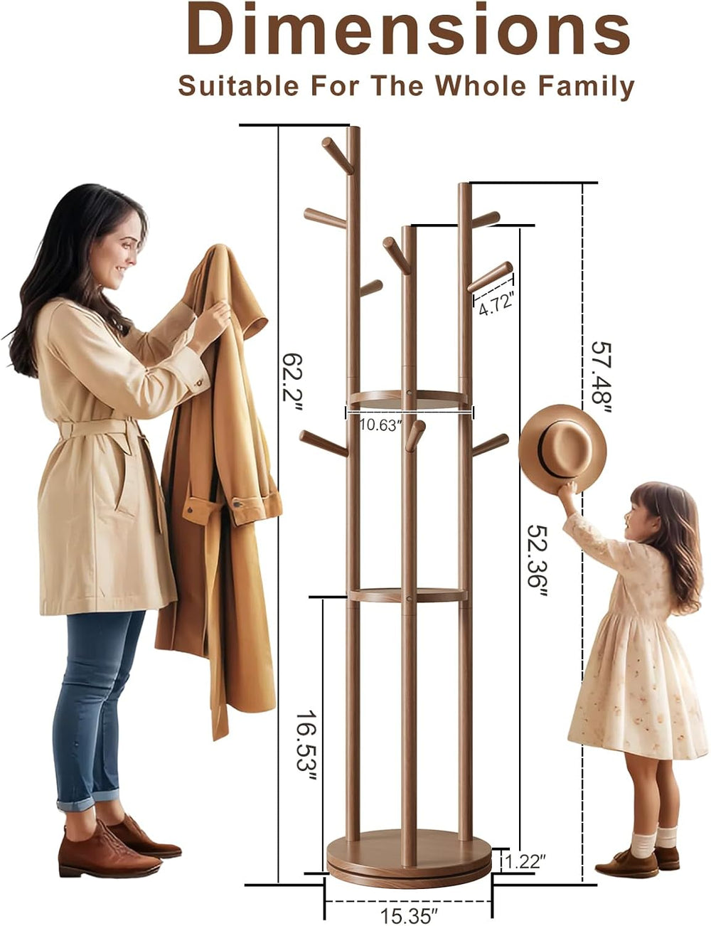 Muwuele Solid Wood Rotary Coat Rack, Freestanding Coat Rack with 3 Shelves an...