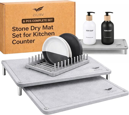 6 PCS Stone Drying Mat Set for Kitchen Counter, 2 Large Diatomaceous Earth Dish by Unknown