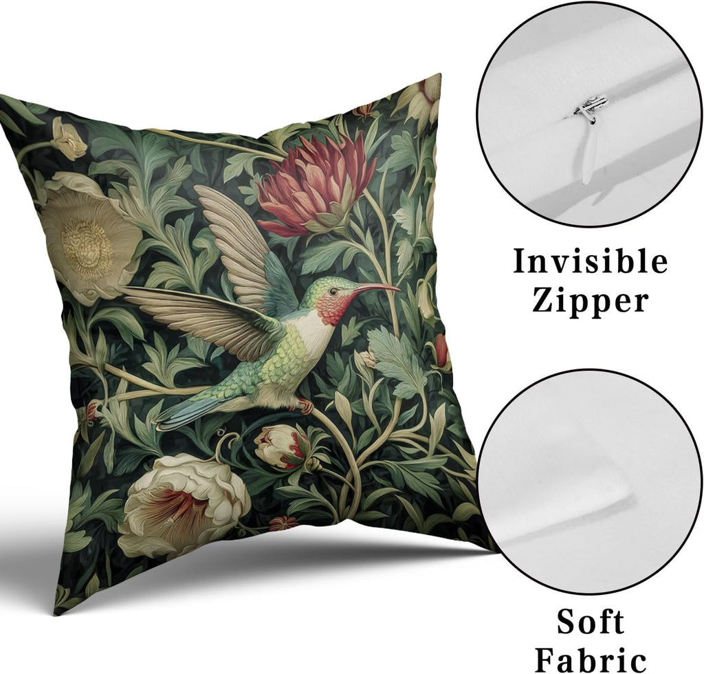 Giwawa Vintage Hummingbird Pillow Covers Set of 2, Rustic Green Bird Floral Pillow Cases 20x20in, Boho Flower Botanical Cotton Throw Cushion Covers for Sofa Couch Patio Seasonal Decoration