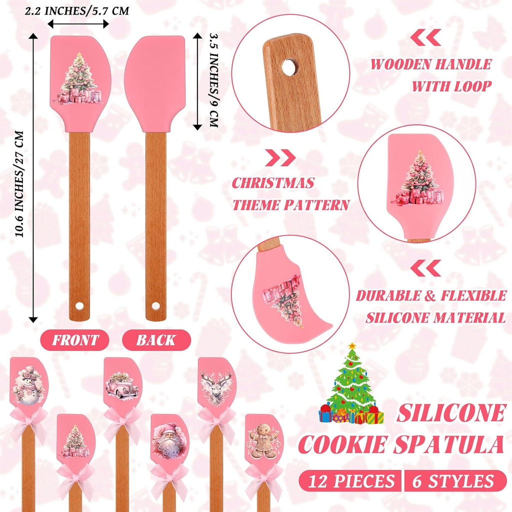 Reallnaive 24 Pcs Pink Christmas Pot Holders and Silicone Spatula Gift Christmas Hot Pads with Pocket Xmas Scraper with Wooden Handle Heat Resistant Oven Mitt Cookie Bag for Baking Cooking(Cute)