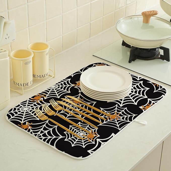 Halloween Dish Drying Mat 18x24 Inch Black Orange Golden Spider Webs Drying Mat - Image 4