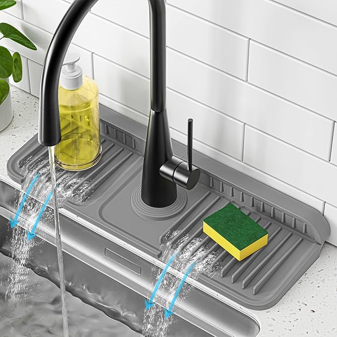 PoYang 14.6 inch Faucet Mat for Kitchen Sink Splash Guard, 7° Slope Silicone by PoYang