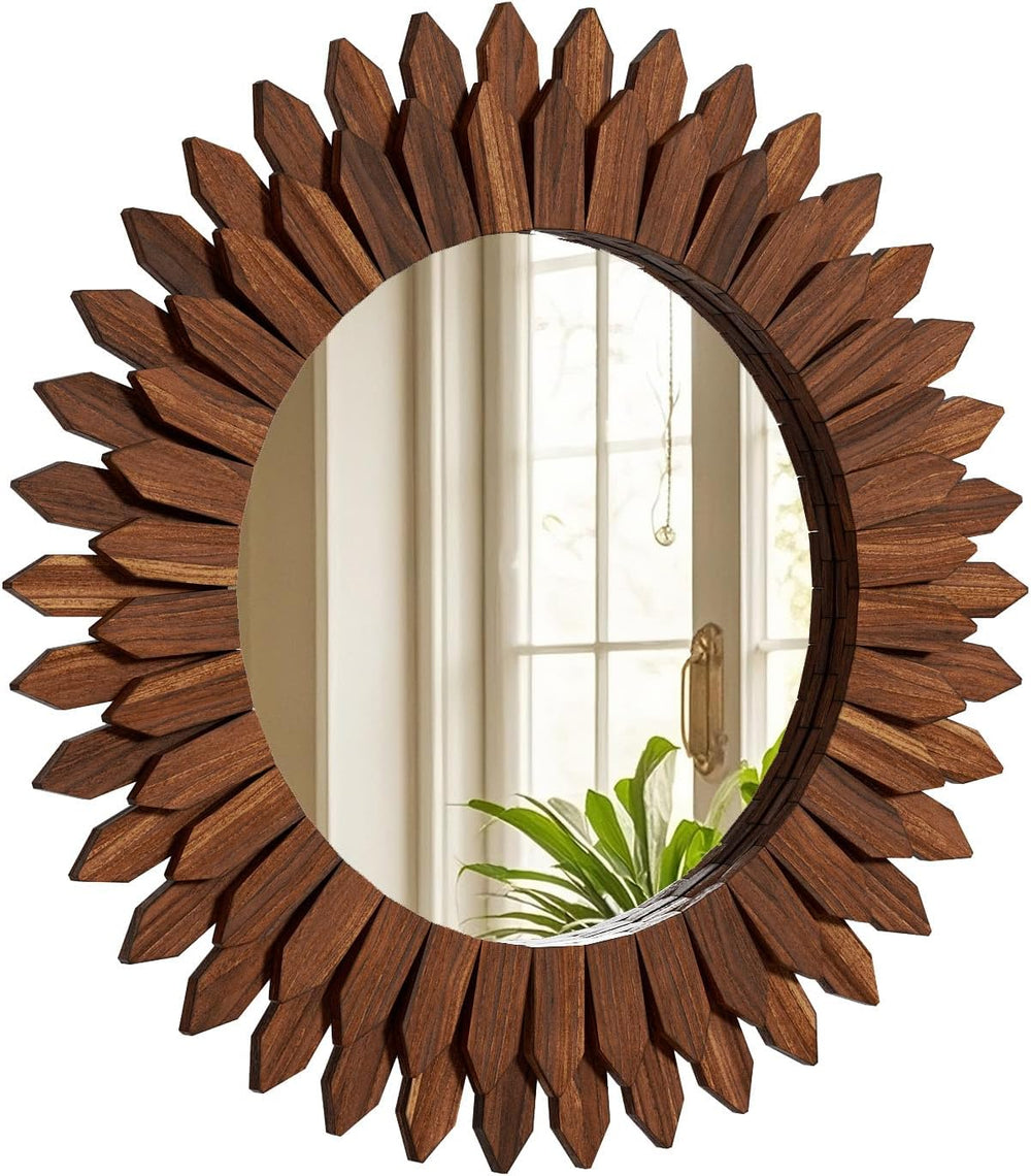 20" Walnut Round Sunburst Wooden Mirror Boho Rustic Wall Decor