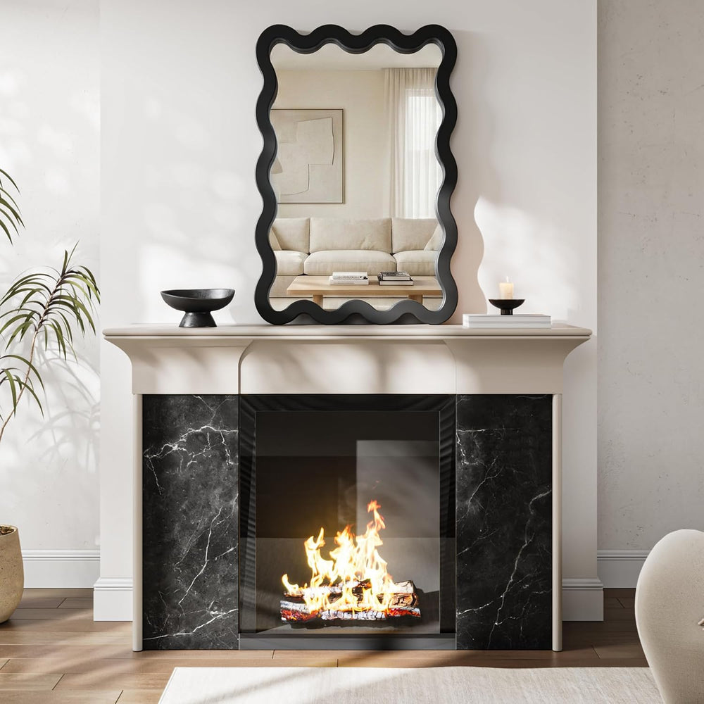 24x36 Black Wavy Bathroom Wall Mirror, Solid Wood Frame for Vanity