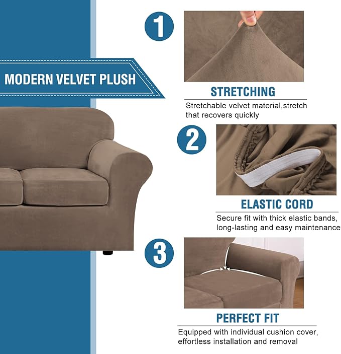 H.VERSAILTEX Modern Velvet Plush 4 Piece High Stretch Sofa Slipcover Sofa Cover - Image 3