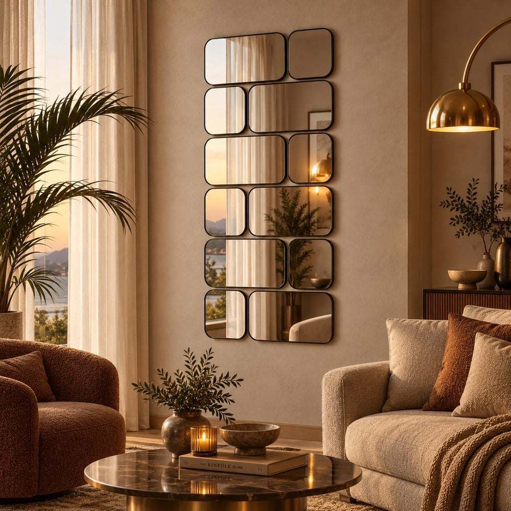 Large Decorative Wall Mirror, 47.2 x 23.6 Inch Black Metal 12-Piece Rounded R...