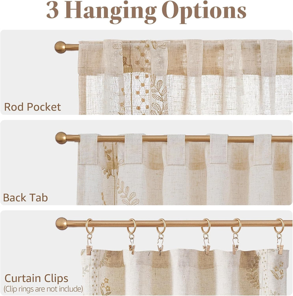 jinchan Beige Floral Linen Kitchen Tier Curtains 50x45 Inch 2 Panels