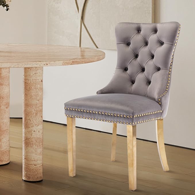 Velvet Upholstered Dining Chairs Set of 2, Modern Style Kitchen Side Chairs w...
