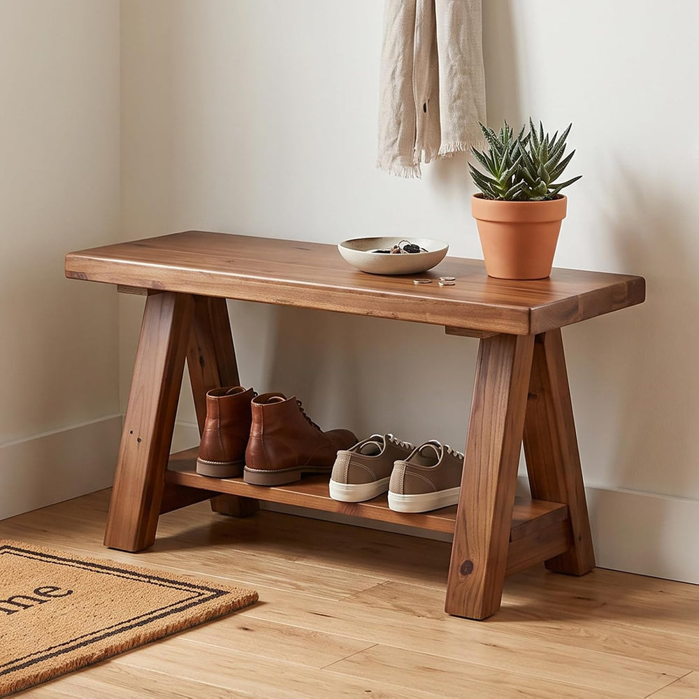chairus Farmhouse 2-Tier Storage Bench, 30" Solid Wood Entryway Bench Se...