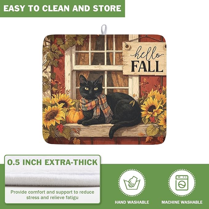 Fall Dish Drying Mat for Kitchen Counter Vintage Autumn Cat Sunflower Pumpkin - Image 5