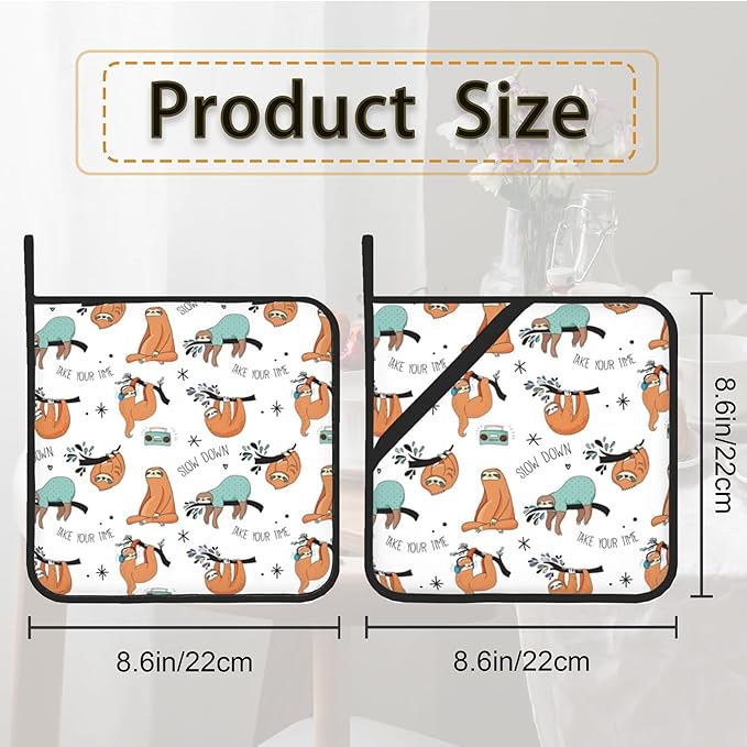 Funny Sloth Pot Holder Set of 2, Heat Resistant Potholders Oven Hot Pads - Image 2