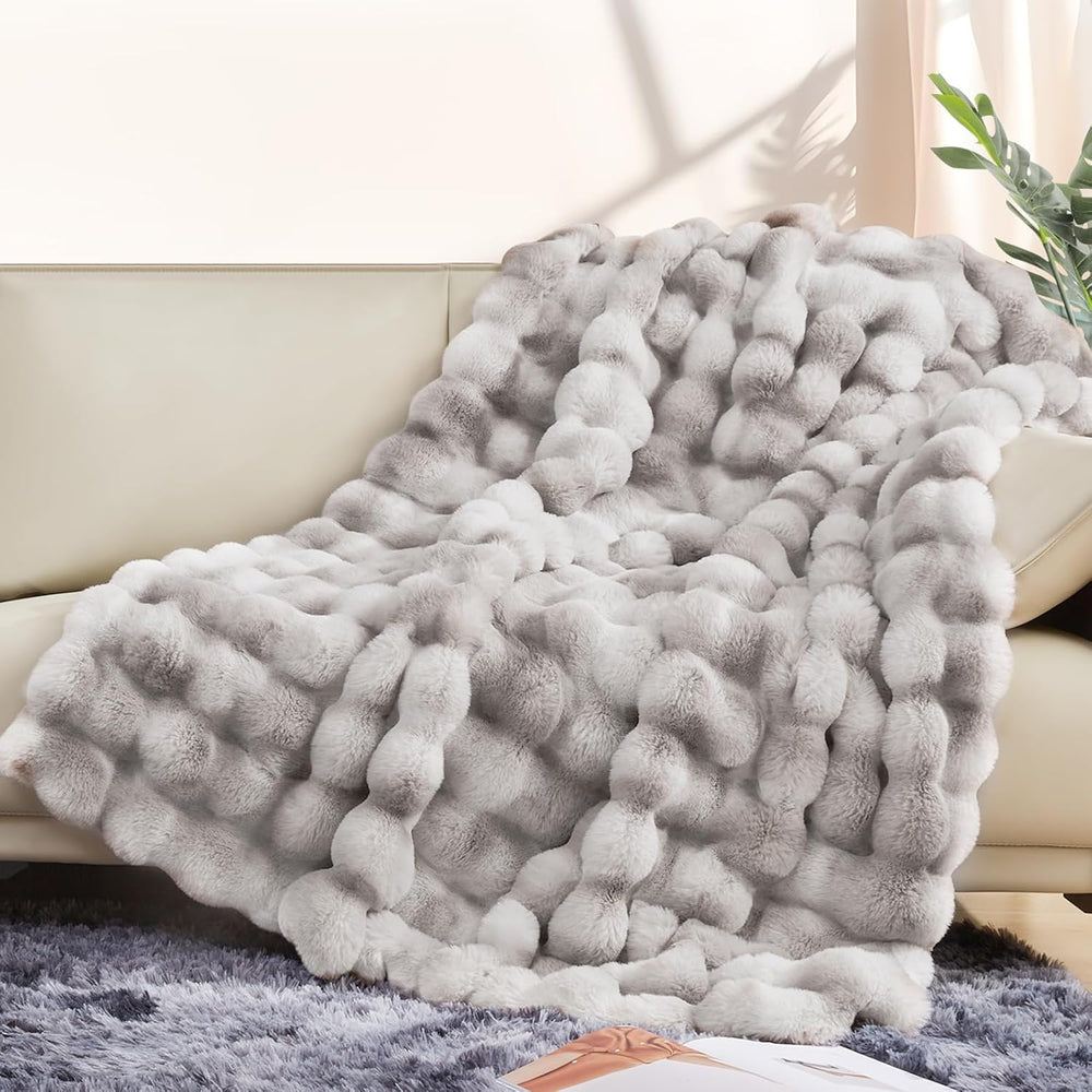 Luxury 1000GSM Faux Rabbit Fur Throw Blanket, Super Heavy Warm Cozy Grey Blan...