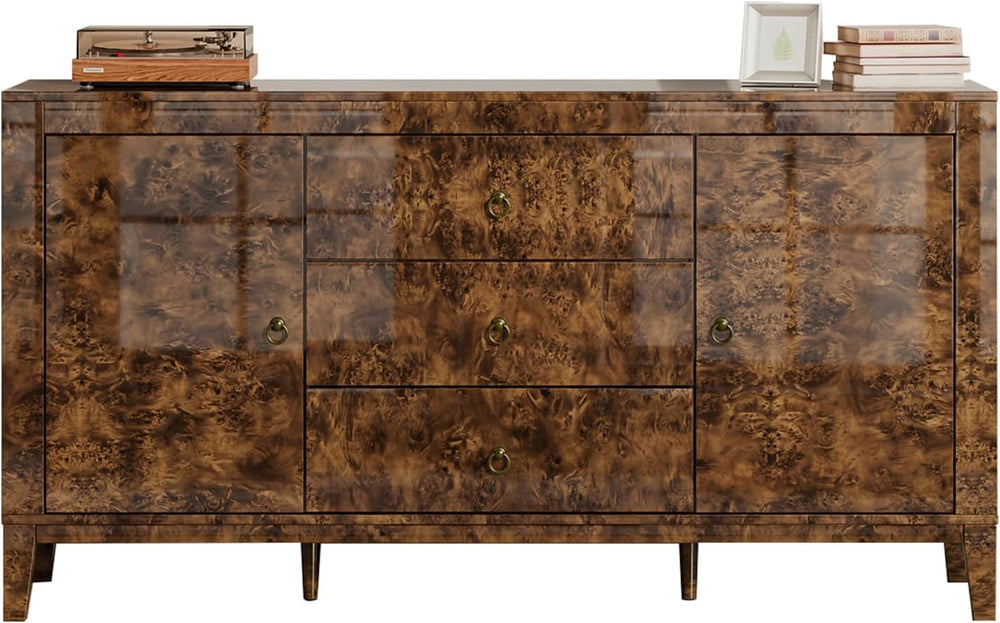 60" Glossy Burl Wood Sideboard Buffet with Storage