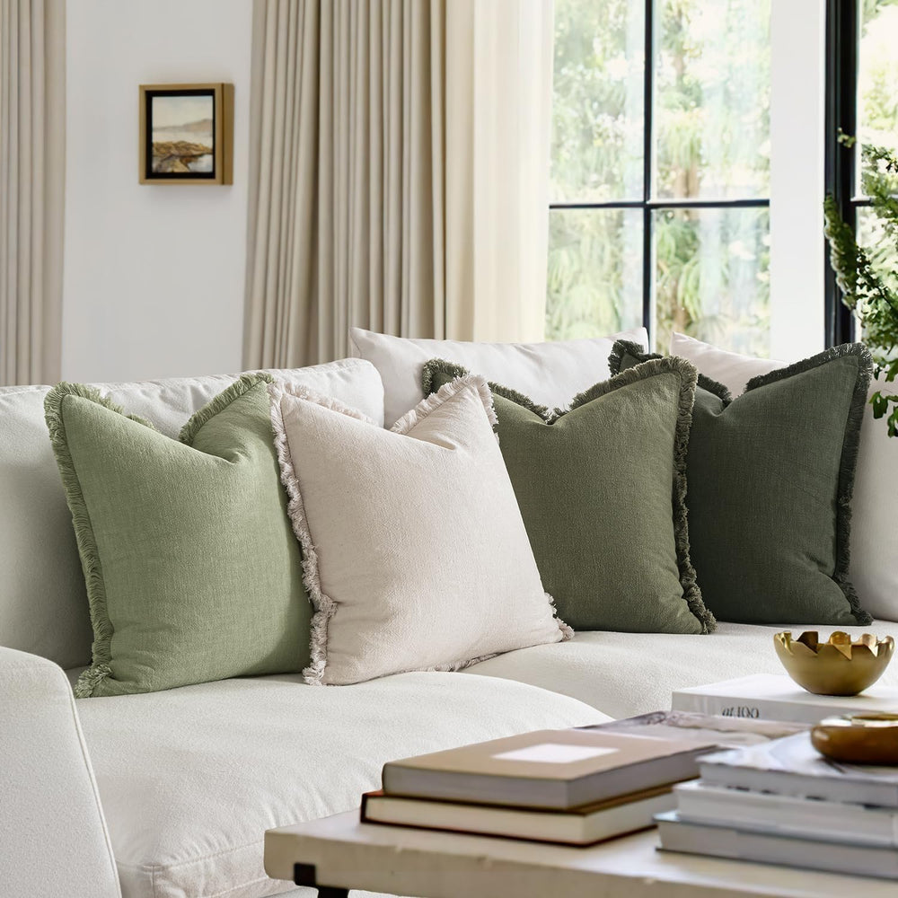 MIULEE Decorative Linen Fringe Throw Pillow Covers 18x18 Beige/Sage Green