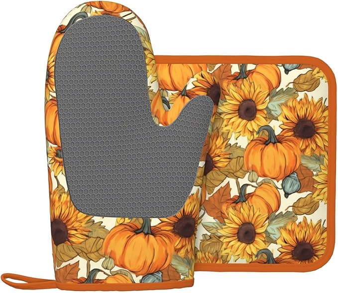 Fall Pumpkin Sunflower Silicone Oven Mitts Pan Mats Set of 2, Heat Resistant - Image 2